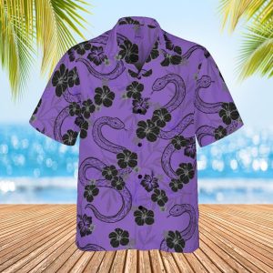 Snake Hawaiian Shirt, Purple Snake and Hibiscus Flowers Button Down