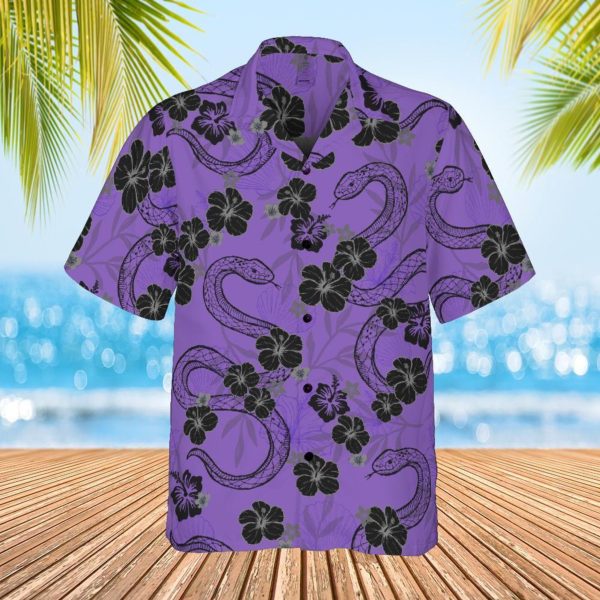 Snake Hawaiian Shirt, Purple Snake and Hibiscus Flowers Button Down