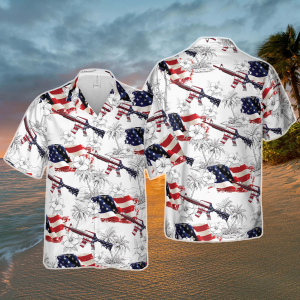 American Gun Hawaii Shirt for Men Women, Patriotic US Flag Button Shirt, USA Hibicus Floral Aloha Shirt