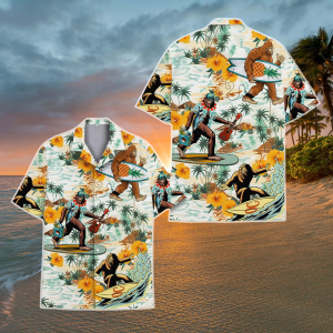 Bigfoot Surfing Hawaiian Shirt, Vibrant Tropical Print Beachwear for Summer Parties, Gift for Men and Women