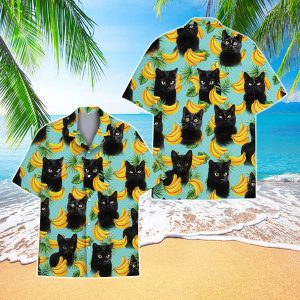 Cat Banana Hawaiian Shirt, Fun Tropical Print Casual Beach Shirt for Summer