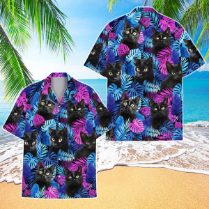 Cat Tropical Hawaiian Shirt, Colorful Beach Print Summer Shirt for Casual Wear, Gift for Cat Lovers