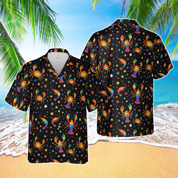 Colorful Crab and Lobster Hawaiian Shirt for Men Women, Sea Animal Short Sleeve Button Shirt, Summer Holiday Outfit, Family Matching