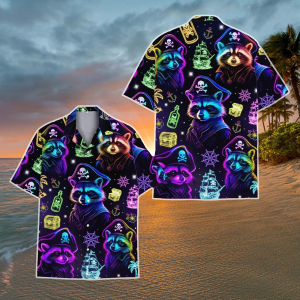 Neon Pirate Raccoon Hawaiian Shirt for Men Women, Raccoon Pirate Summer Aloha Shirt, Funny Raccoon Button Shirt