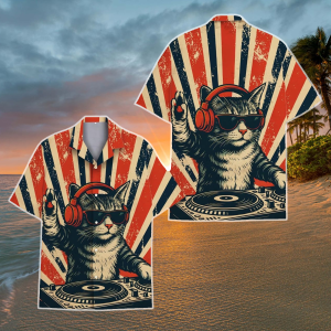 Retro Cat DJ Hawaiian Shirt for Men Women Youth, Funny Cat Summer Aloha Shirt, Cat DJ Shirt, Cat Lovers Shirt