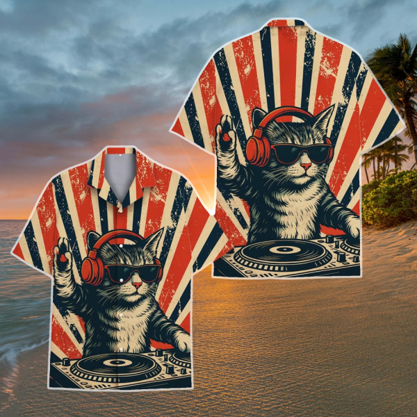 Retro Cat DJ Hawaiian Shirt for Men Women Youth, Funny Cat Summer Aloha Shirt, Cat DJ Shirt, Cat Lovers Shirt
