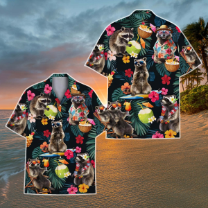 Tropical Raccoon Hawaiian Shirt for Men Women, Funny Raccoon Summer Aloha Shirt, Raccoon Holiday Button Shirt, Raccoon Lovers Gift